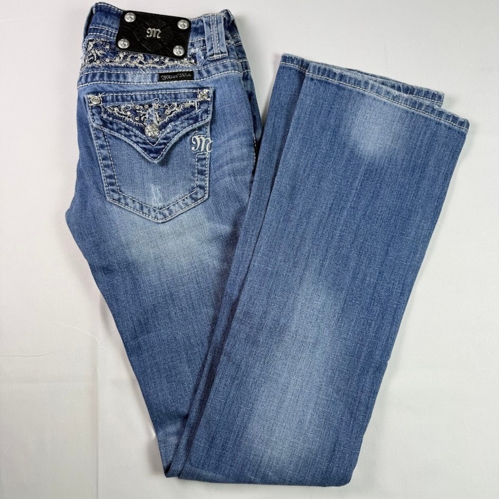 Miss Me JP5365B2 Women Bootcut Jeans Blue Embellished Flap Pocket Size 26